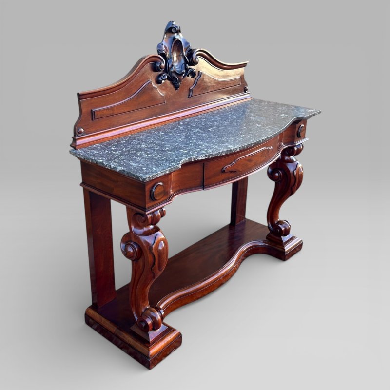 Antique Victorian Mahogany & Marble Topped Carved Console Wall Table With Drawer - Image 2